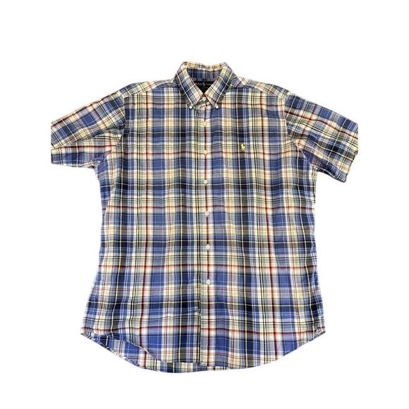 Men's Ralph Lauren Blue Yellow Plaid Button Down Short Sleeve Shirt Size L Exc - Picture 1 of 9